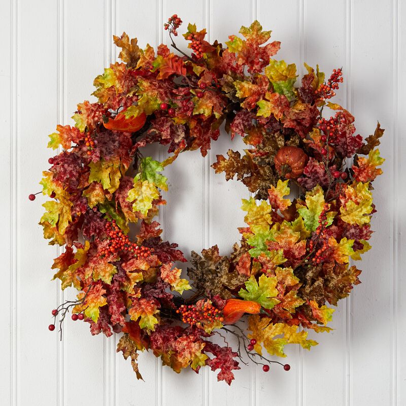 Hivvago 32" Autumn Oak Leaf, Berries and Pumpkin Artificial Autumn Wreath