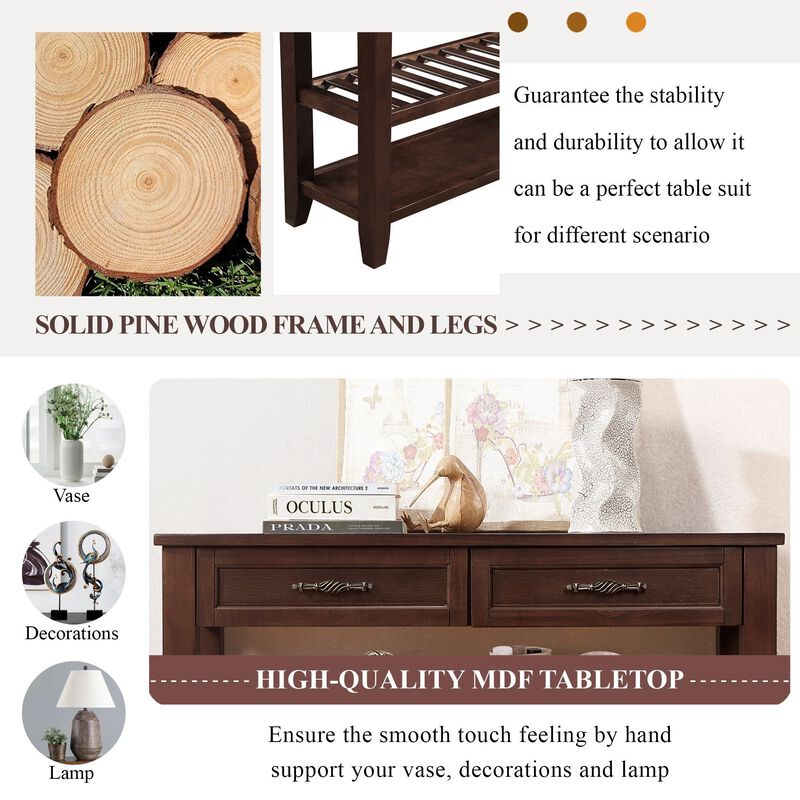 Whisen Mid-Century Style Console Table with Two Storage Drawers and Two Tiers Shelves - Espresso