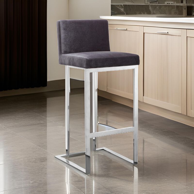 Boly 30 Inch Barstool Chair, Gray Velvet, Foam Cushions, Chrome Steel - Benzara