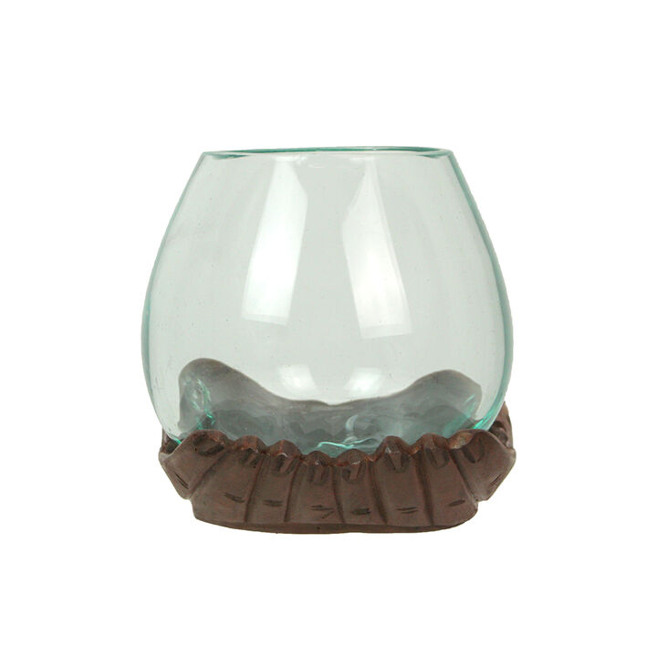 Blown Molten Glass and Carved Wood Hands Decorative Bowl