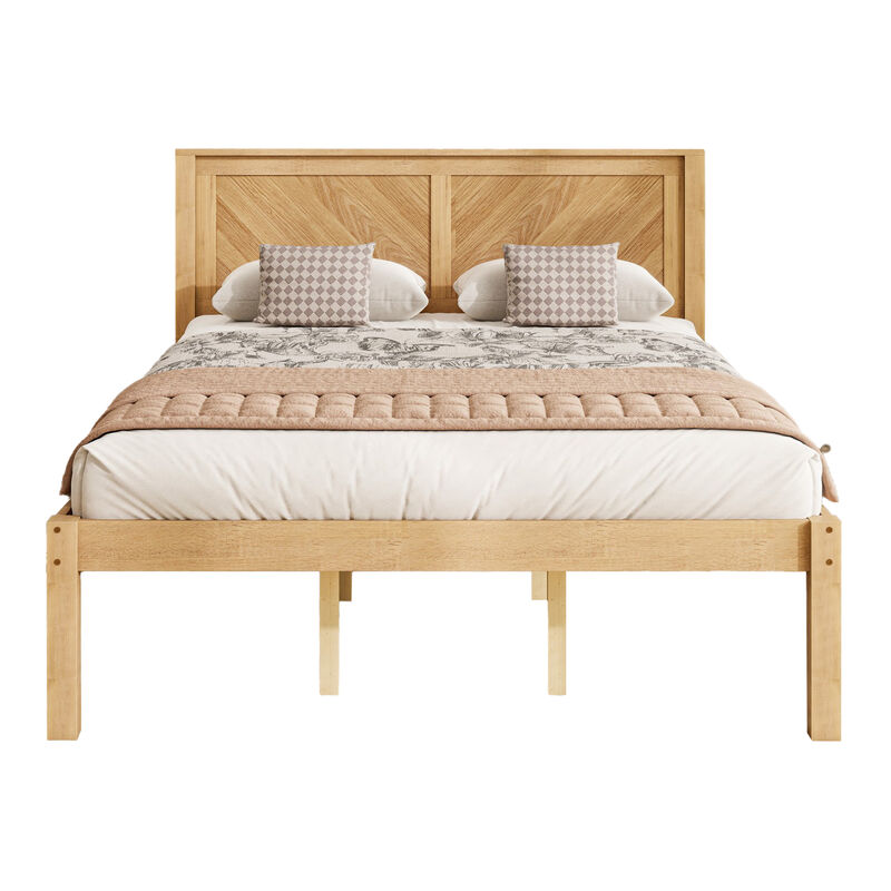 Queen Solid Wood Platform Bed with Herringbone Headboard, Natural Oak Finish, Farmhouse image number 0