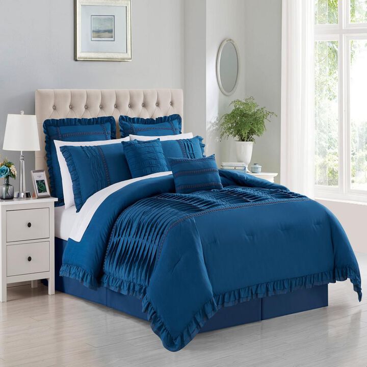 Chic Home Yvette Comforter Set Ruffled Pleated Flange Border Design Bed In A Bag Blue, Queen