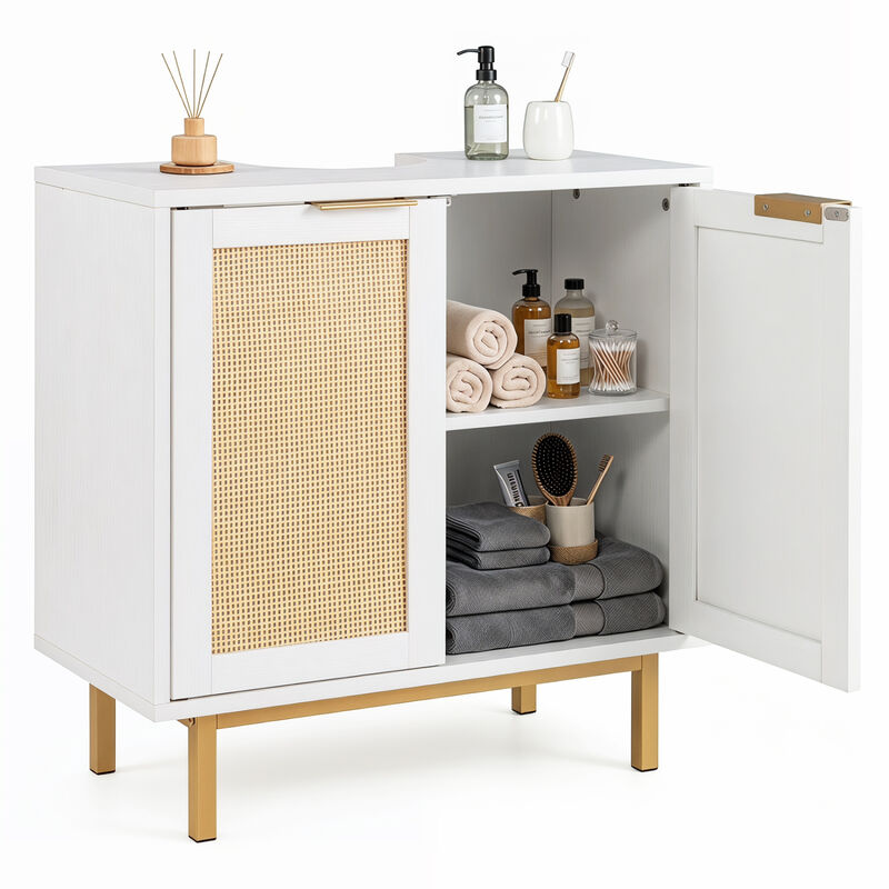 Modern Bathroom Vanity Cabinet with Rattan Doors and Cut-Out image number 3