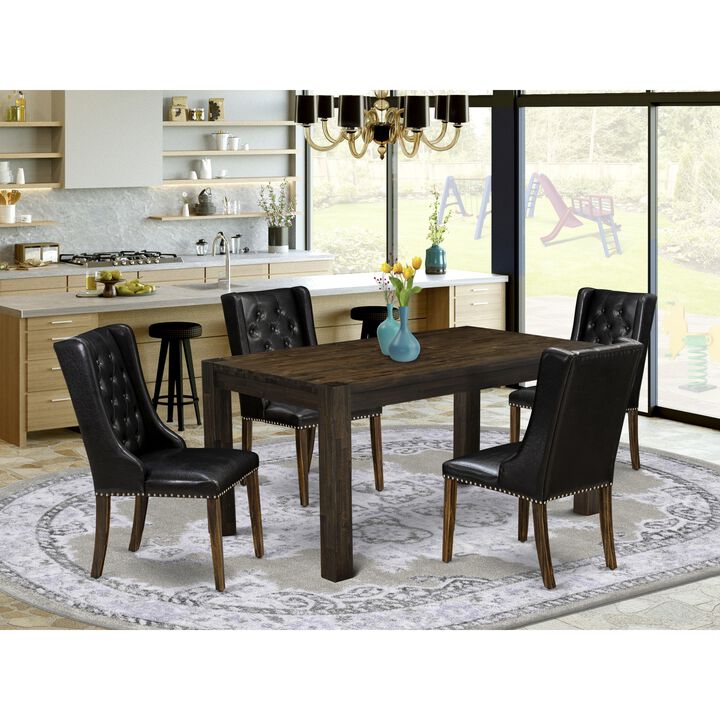 East West Furniture East West Furniture CNFO5-77-49 5-Pc Kitchen Dining Room Set 4 Black Linen Fabric Dining Padded Chairs with Button Tufted Back and 1 Beautiful Rectangular Table - Distressed Jacobean Finish