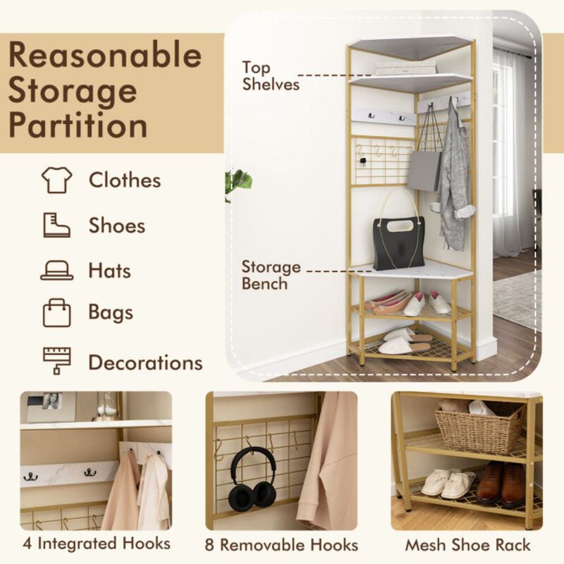 5-Tier Corner Hall Tree with Bench and Shoe Storage for Space-Saving Organization