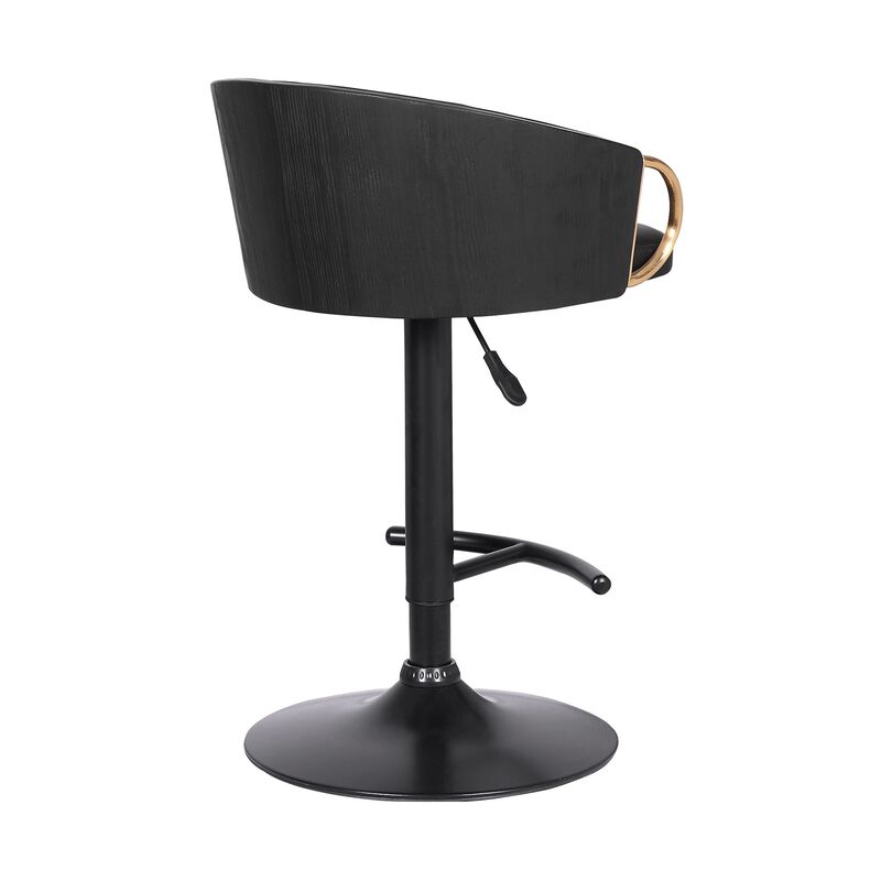 Adjustable Leatherette Swivel Barstool with Arched Seat, Black and Gold - Benzara