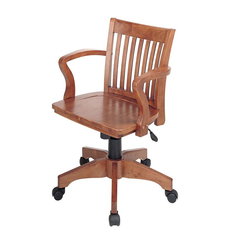 Classic Wooden Bankers Chair with Wood Seat and Arms for Office or Study