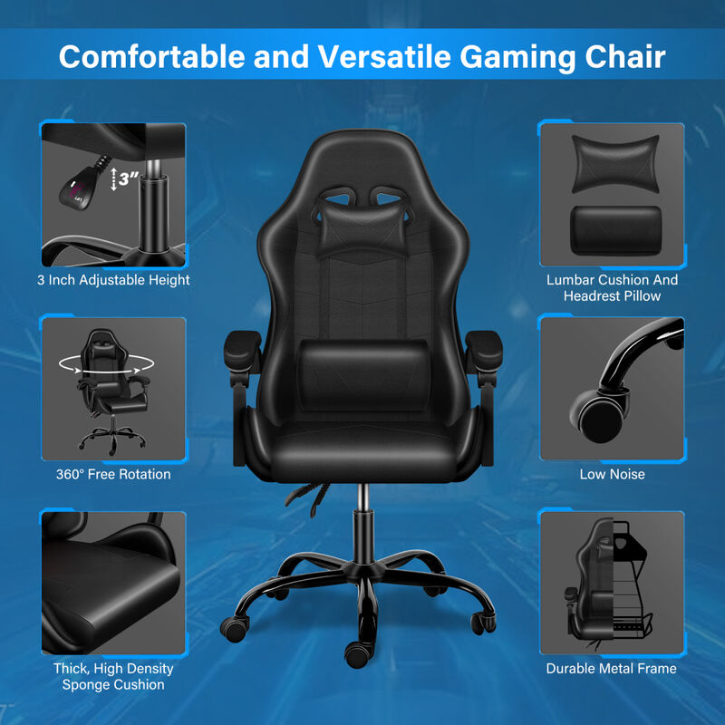 Racing Video Backrest and Seat Height Recliner Gaming Office High Back Computer Ergonomic Adjustable Swivel Chair, Without footrest, Black