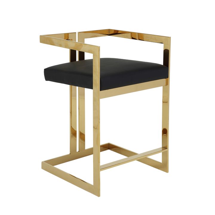 Suki 26 Inch Counter Height Chair, Black Faux Leather, Gold Cantilever Base