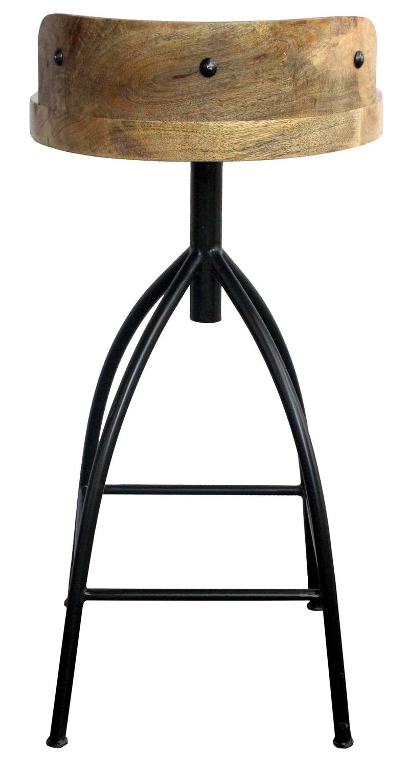 Pia 32-35 Extra Tall Adjustable Barstool, Natural Brown Mango Wood Seat, Black Iron Frame