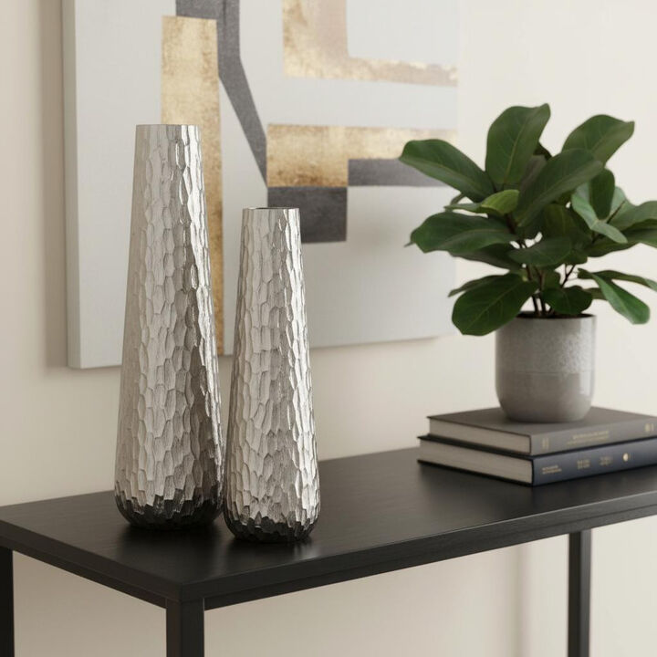 HomeRoots Set of Two Silver Cast Aluminum Textured Table Vases