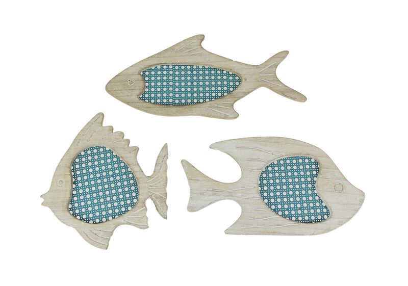 Set of 3 Blue and White Wood and Metal Mesh Fish Wall Hangings image number 0