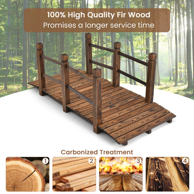 5 Feet Wooden Garden Bridge with Safety Rails