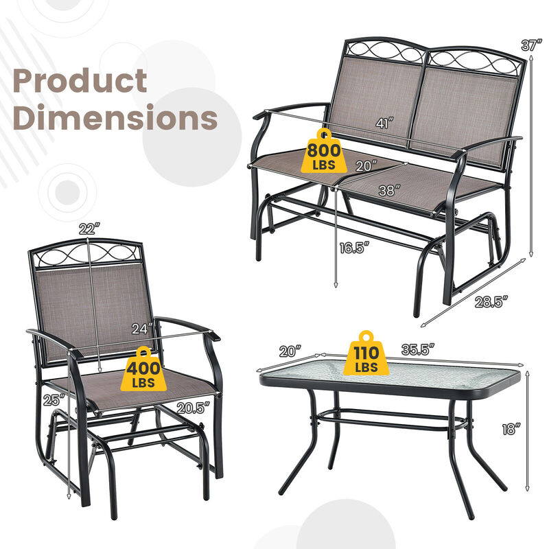 4 Piece Patio Glider Conversation Set with Tempered Glass Table Top