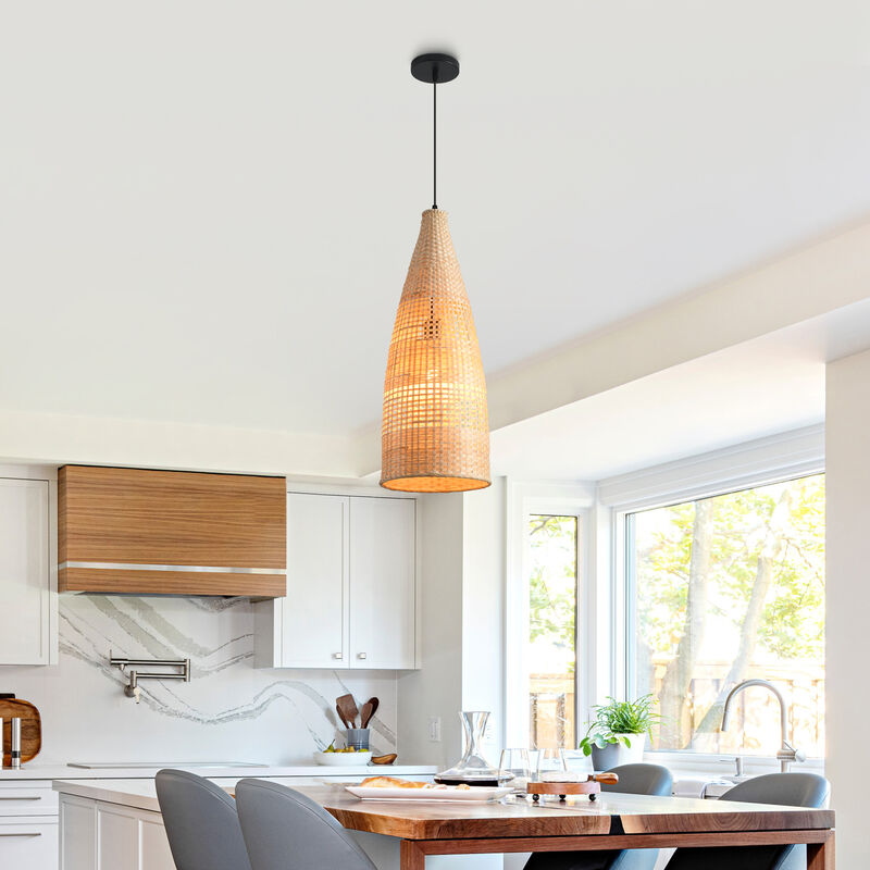 9" Bohemian Handwoven Bamboo Natural Caged Tapered Silhouette Pendant Light for Living Room, Dining Room and Kitchen Island image number 1