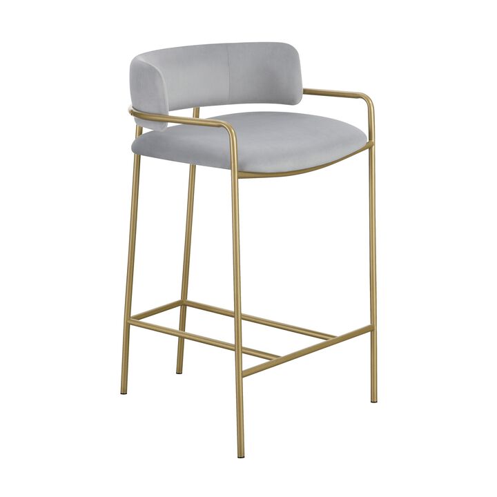 Lox 26 Inch Modern Counter Stool, Low Padded Back, Gray, Gold Metal Frame - Benzara