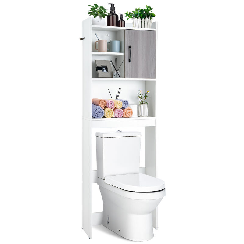Costway Over The Toilet Storage Cabinet Bathroom Space Saver w/ Open Shelves & Door