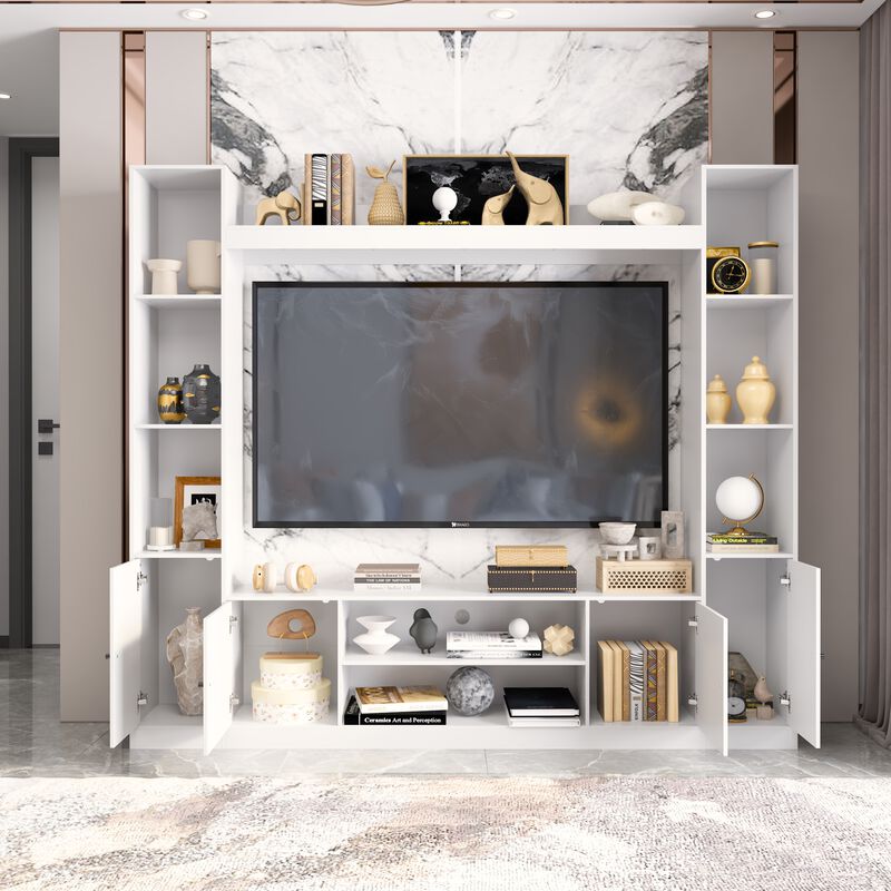 White Wood Entertainment Centers TV Stand Fits TV's up to 57 in. with Open Shelves, Door Cabinets