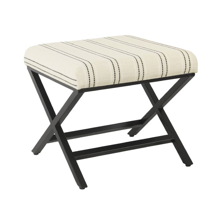Square Ottoman Footstool, Black Metal, White Striped Polyester 20 Inch