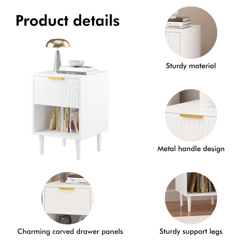 22.8" Assembled White Nightstand 1-Drawer 1-Shelf Gold Handle image number 6