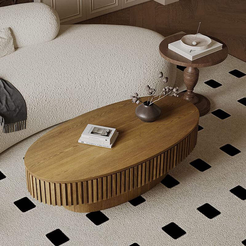 Oval coffee table with storage Solid wood veneer and MDF modern coffee table with fluted base Accent tea coffee table for living room image number 5