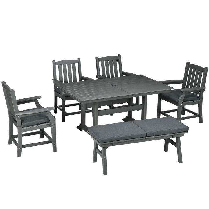 Outsunny 6 Pieces Patio Dining Set, 6 Seater Outdoor Table and Chairs, Conversation Furniture, Armrests, Loveseat Bench, Dinner Table with Umbrella Hole, Cushions, Dark Gray