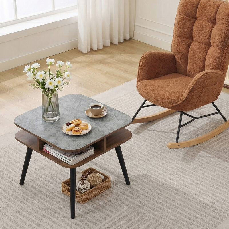 Wooden Side Table with Open Storage Shelves and Rubber Wood Legs image number 4