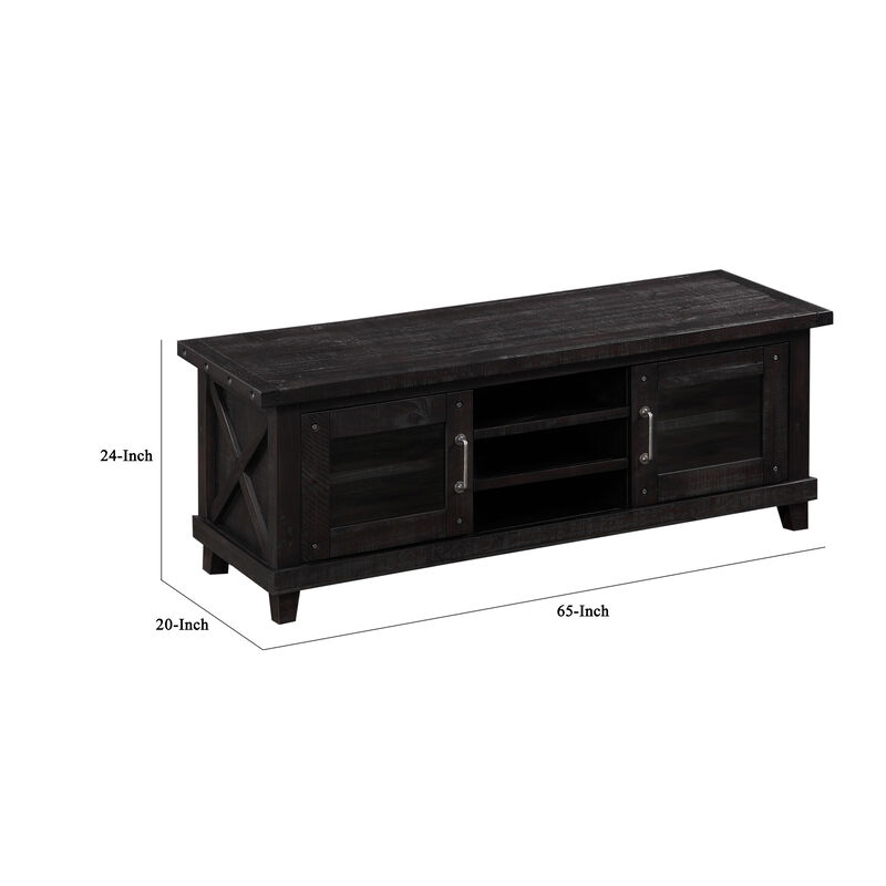 Three Open Shelves Entertainment Center with Exposed Bolts and Cross Bracing, Brown - Benzara image number 6