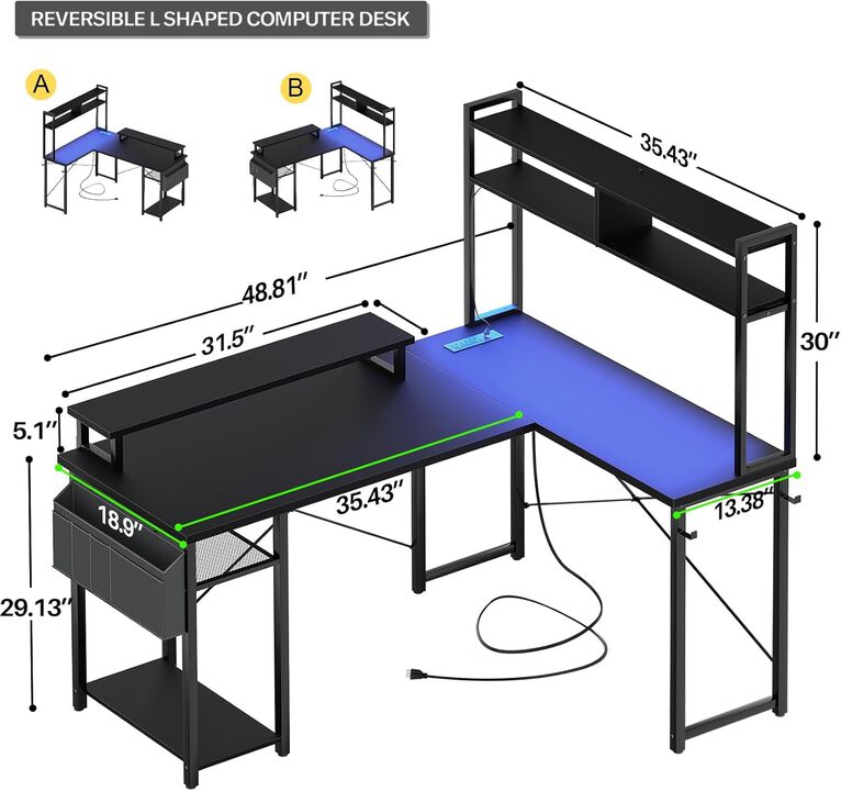 ShipItFurniture Compact Black L-Shaped Desk with Power Outlets and Monitor Stand