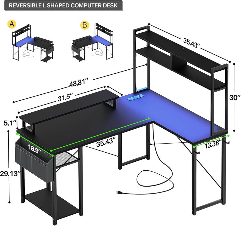 ShipItFurniture Compact Black L-Shaped Desk with Power Outlets and Monitor Stand image number 1