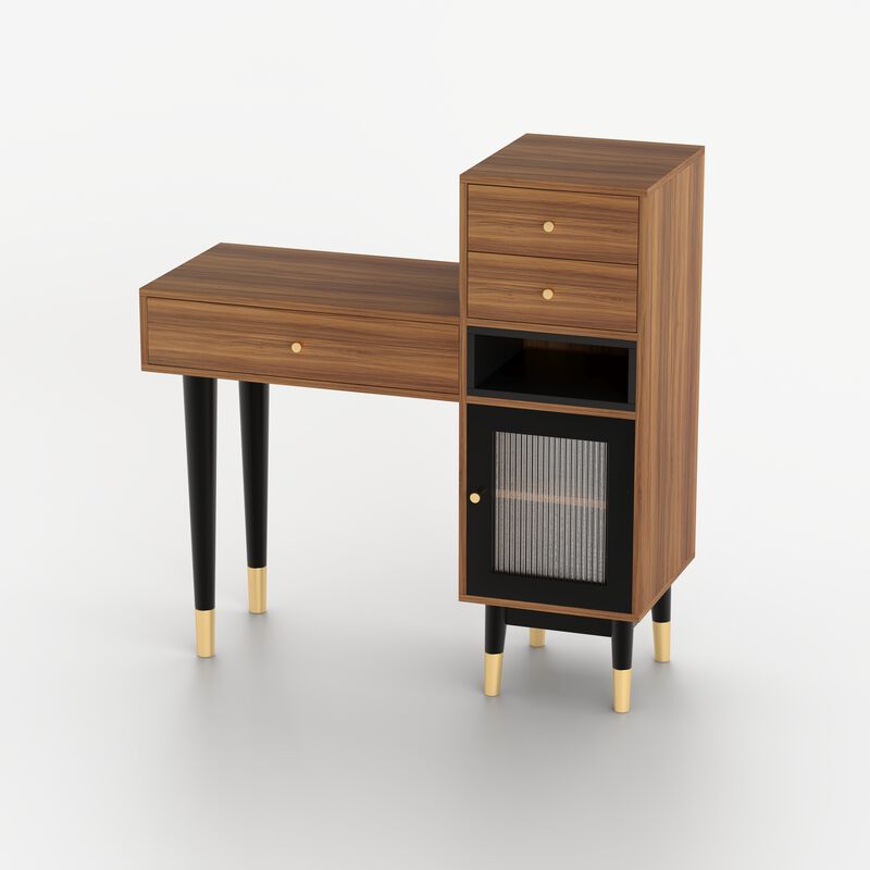 Wooden Makeup Vanity Desk with 3 Drawers, 1 Storage Shelf and 1 Door & Metal Legs for Bedroom, Apartment 39.76", Walnut image number 5