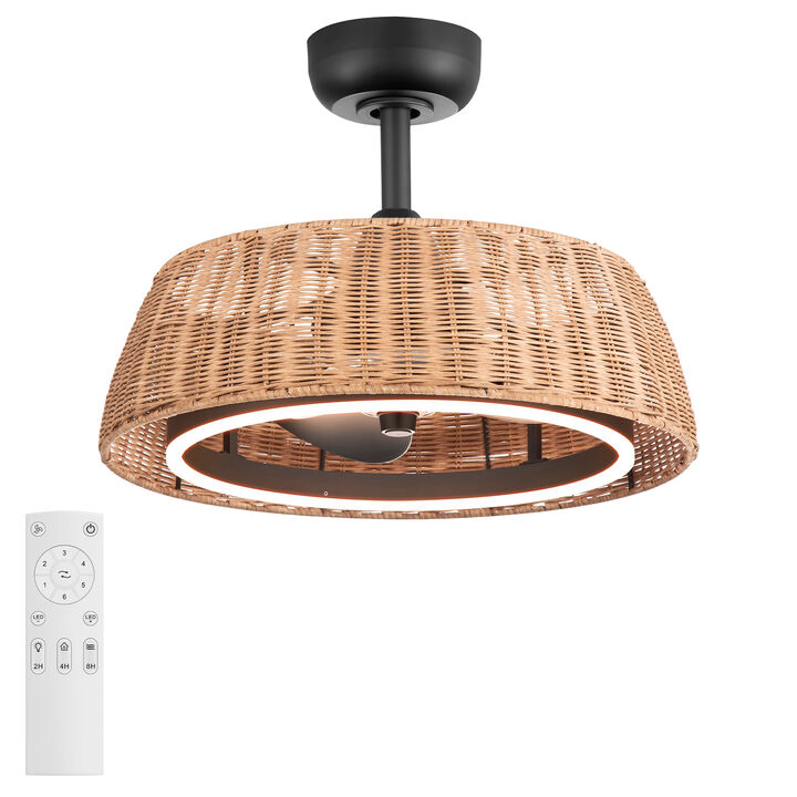 Breezary 20" LED Caged Ceiling Fan with Light, Rattan Fandelier, 6 Speed Remote, Dimmable, 3 Blades