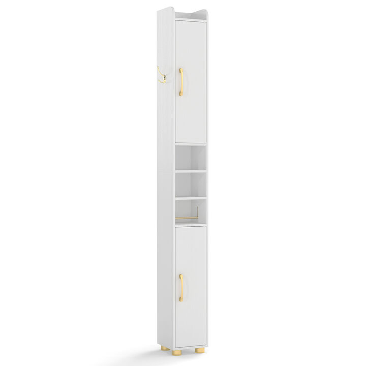 Freestanding Narrow Bathroom Cabinet with Open Shelves and Toilet Paper Holder