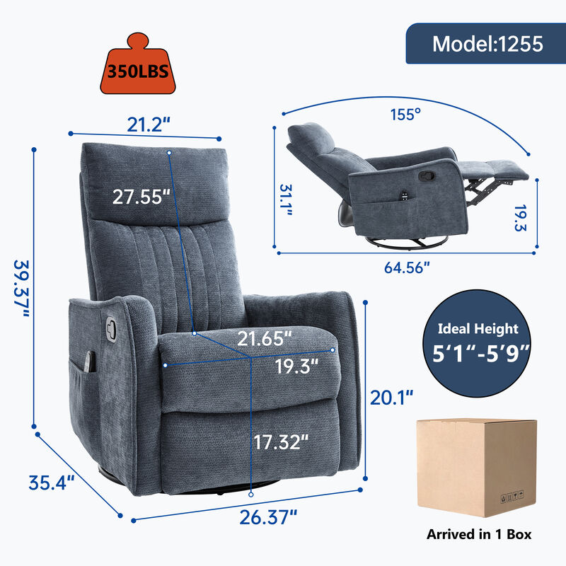 Heat Massage Manual Recliner Chair with Rocker and Swivel in Fabric for Living Room image number 2