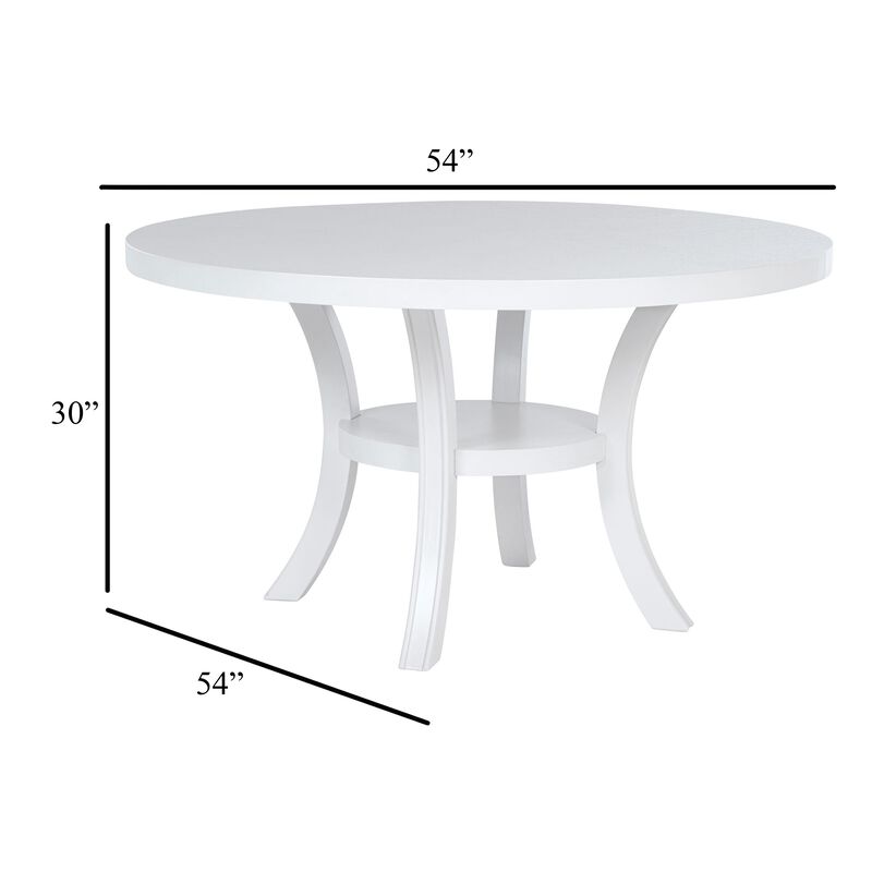 Judy Round Dining Table with Shelf and Flared Legs, White Wood 54 Inch - Benzara