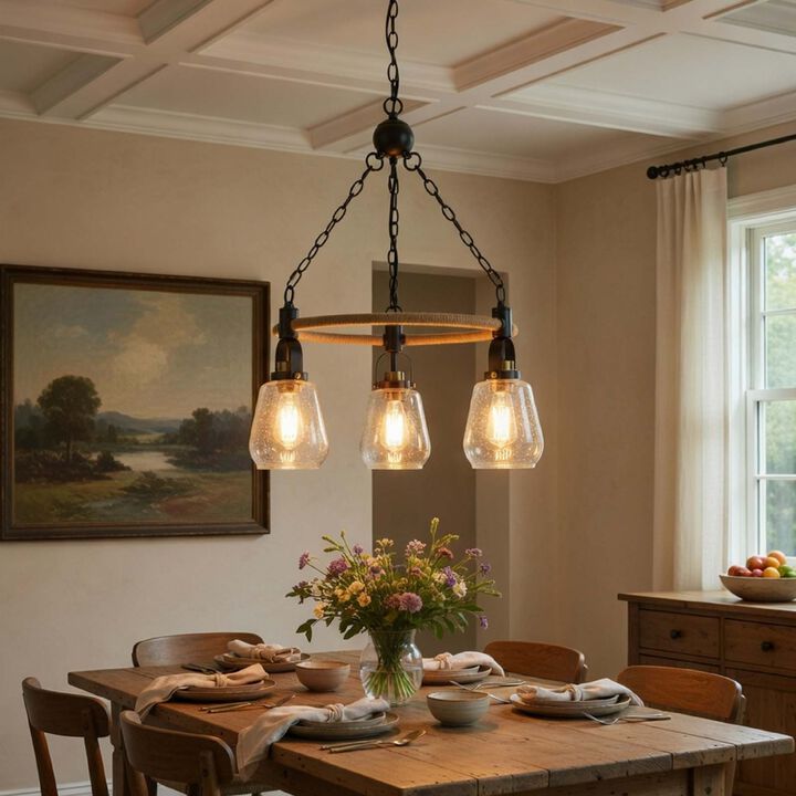 3 Light Chandelier, Rope Accents, Bubble Glass Bulbs, Black Metal 28 Inch