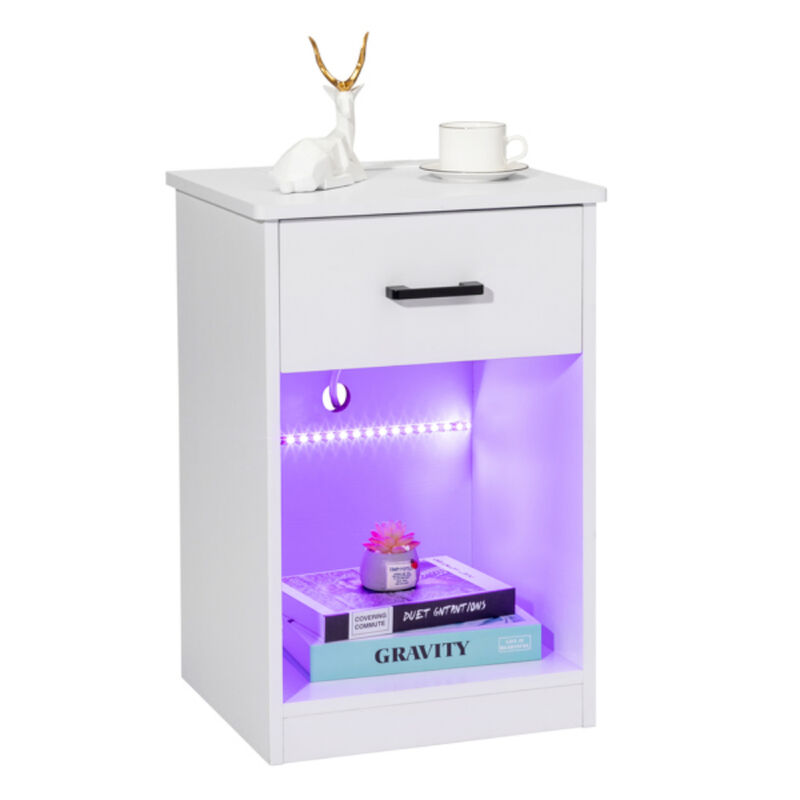 Nightstand with LED Light Single Drawer and Built-in Socket for Bedroom