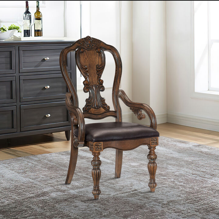 Devi 20 Inch Set of 2 Armchairs, Queen Anne Backrest, Turned Legs, Rustic Brown