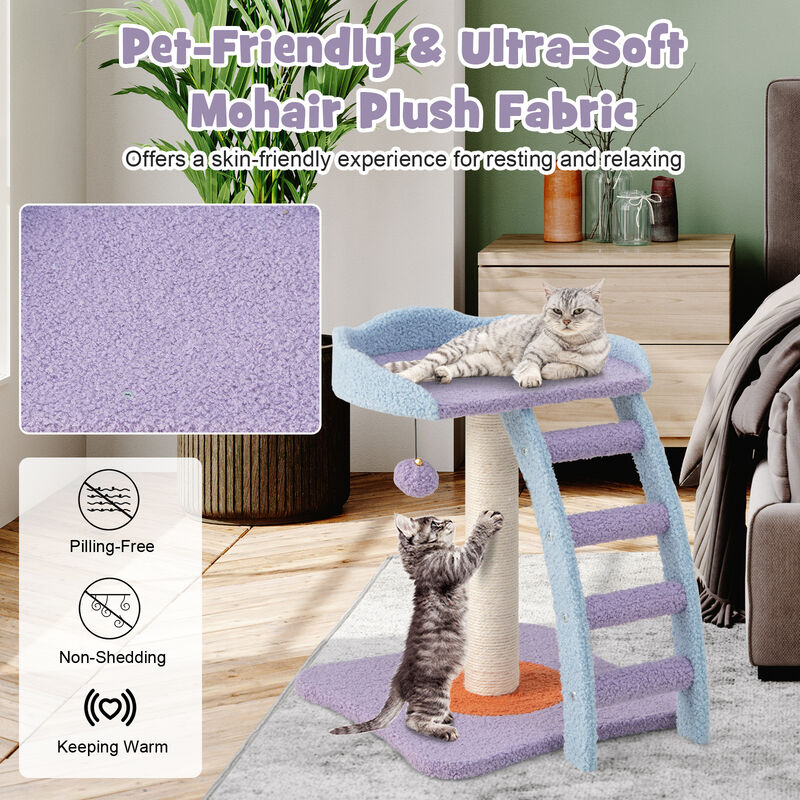 Mohair Plush Cat Tree with Ladder and Jingling Ball-Purple