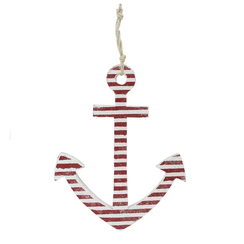 15.75" Red and White Striped Nautical Anchor with Hanging Rope Wall Art