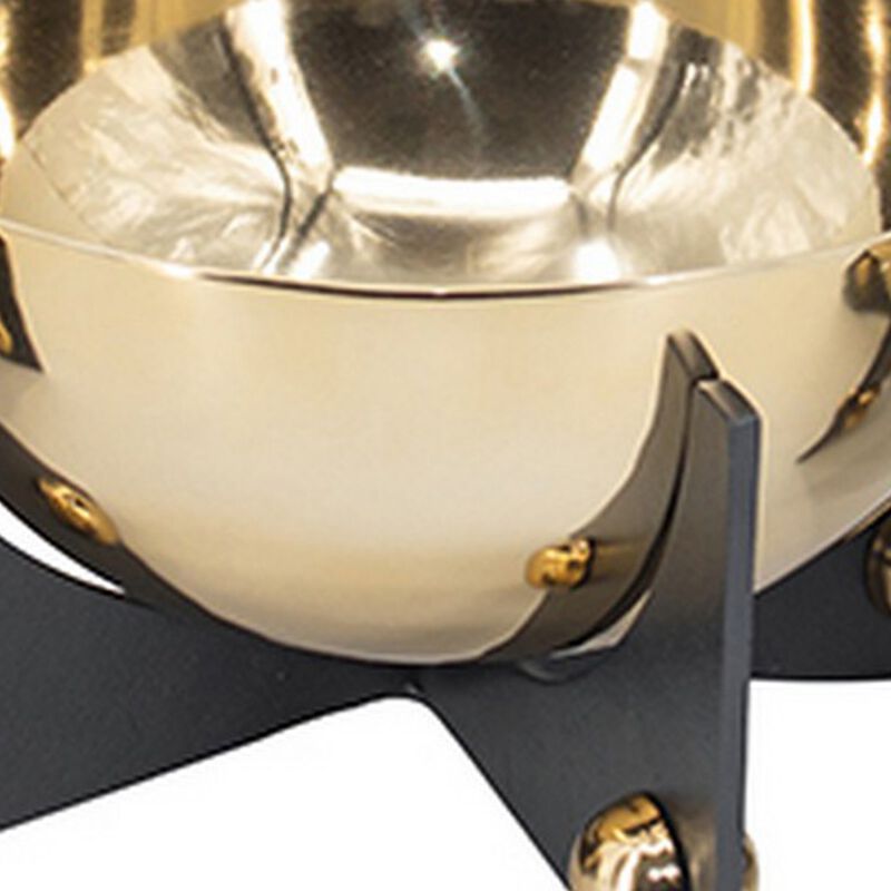 Set of 3 Aluminum Round Decorative Bowls, Gold Finish, Jet Black Stand - Benzara