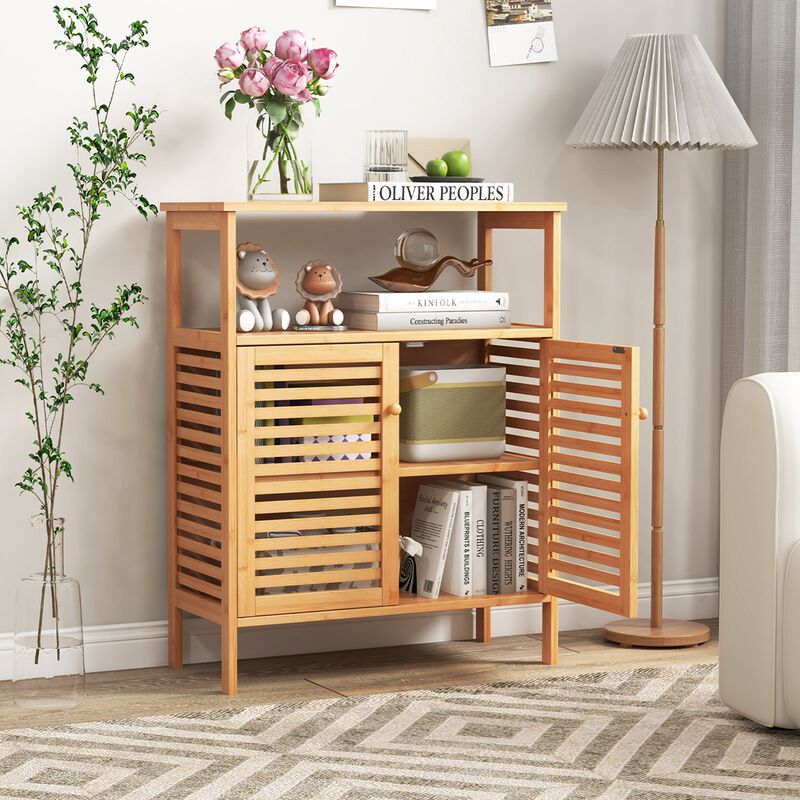 Costway Bamboo Storage Cabinet with Double Louvered Doors Open Shelf & Removable Shelf