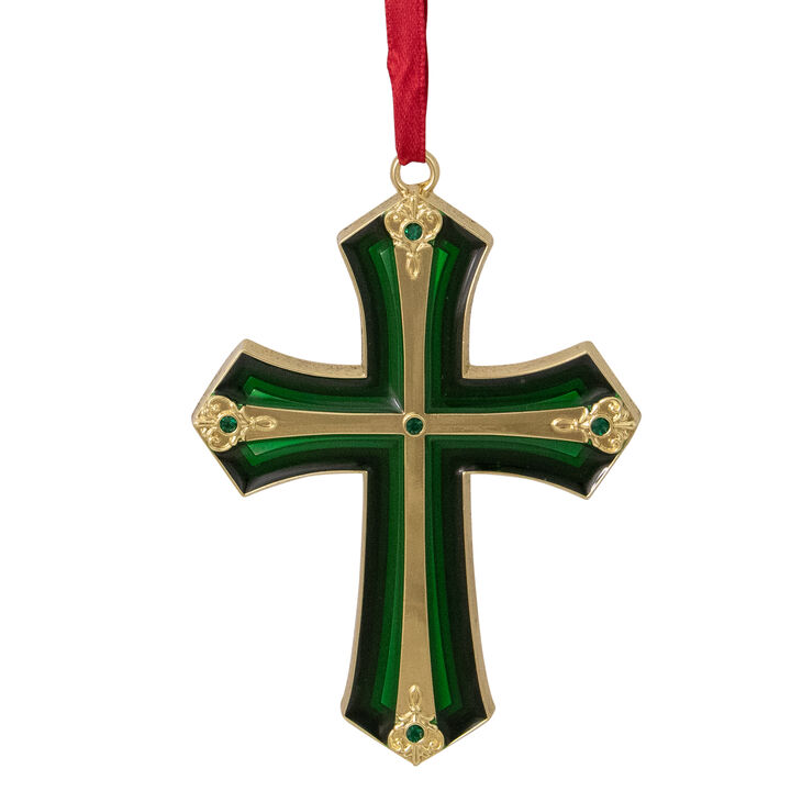 3.5" Green and Gold Layering Effect Cross Christmas Ornament with Crystals