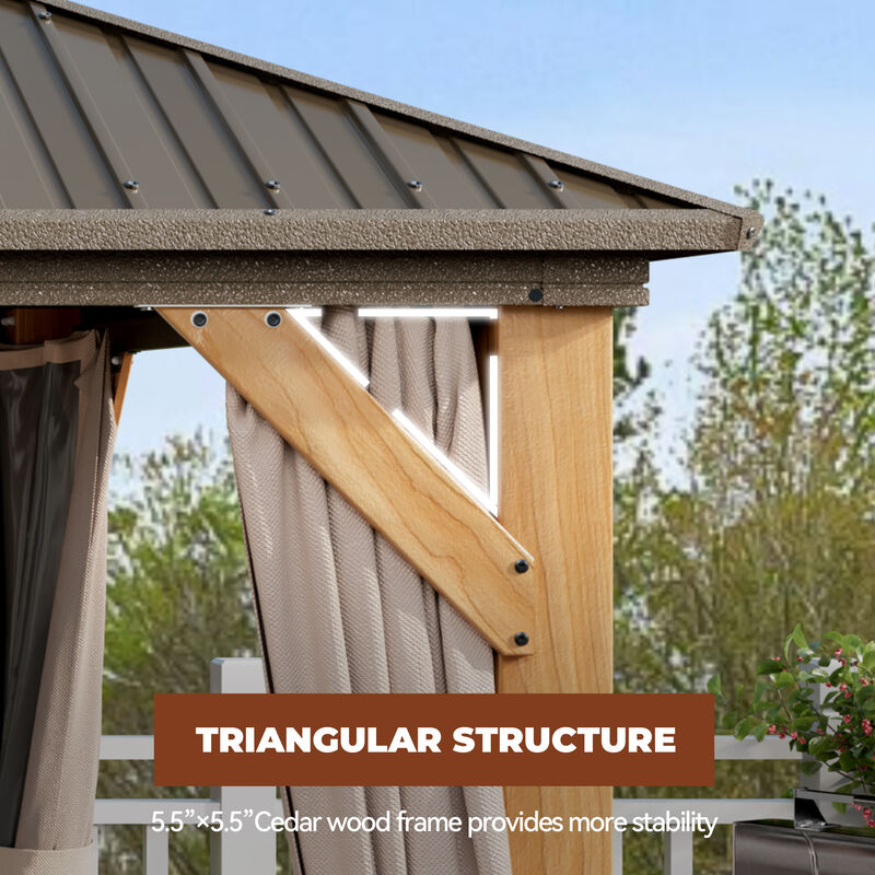 Mondawe 12 ft. x 14 ft. Brown Cedar Wood Frame Hardtop Gazebo with Galvanized Steel Double Roof, Curtains and Netting