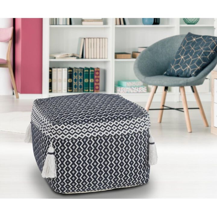 Hivvago 18 Inch Blue Cotton Geometric Pouf Ottoman