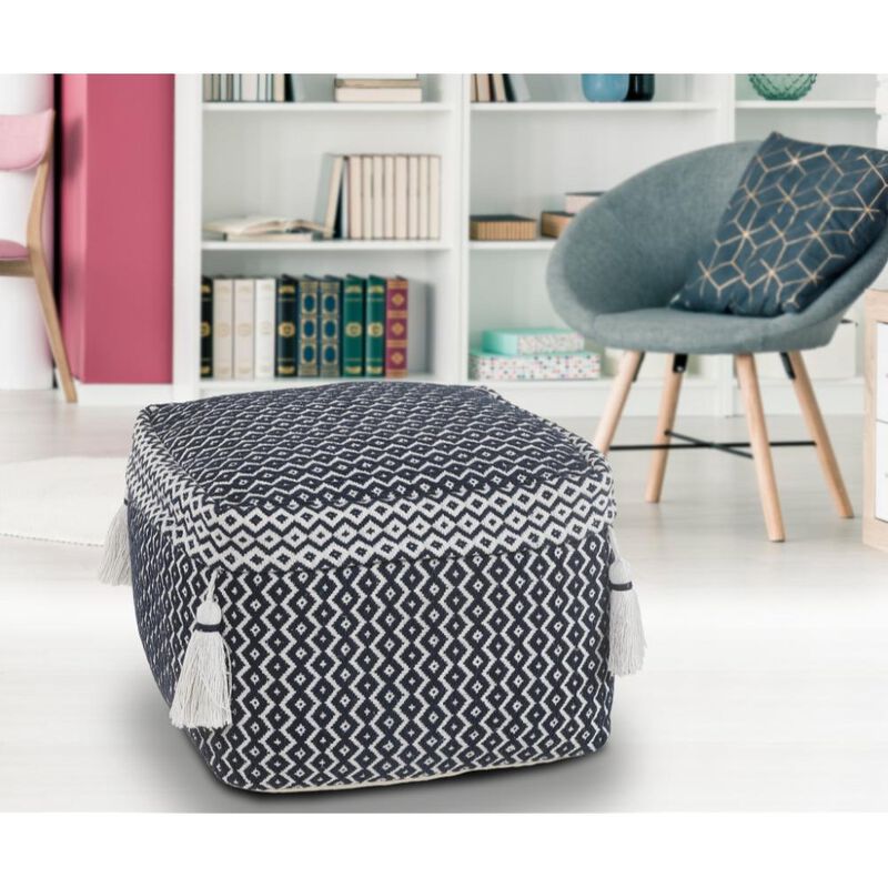 Hivvago 18 Inch Blue Cotton Geometric Pouf Ottoman