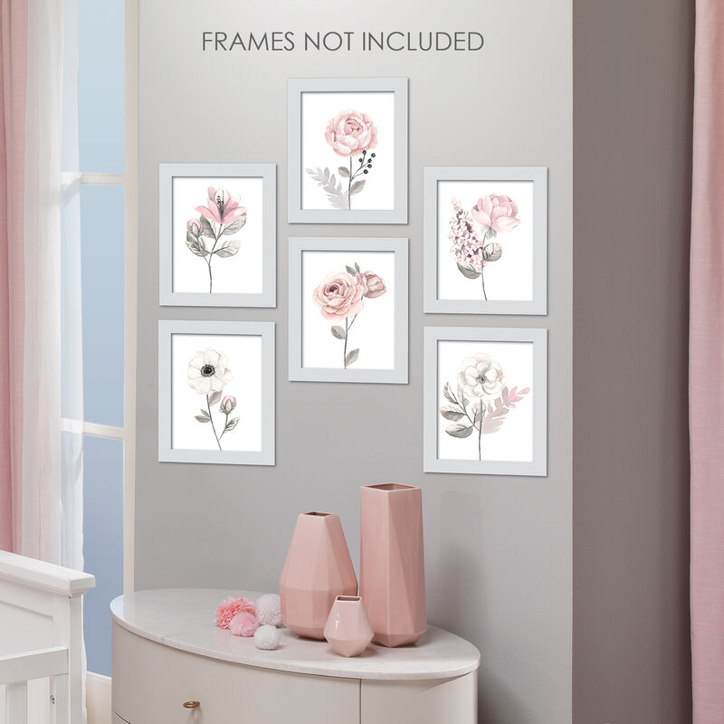 Lambs & Ivy Watercolor Floral Unframed Nursery Child Wall Art 6pc - Pink/Gray