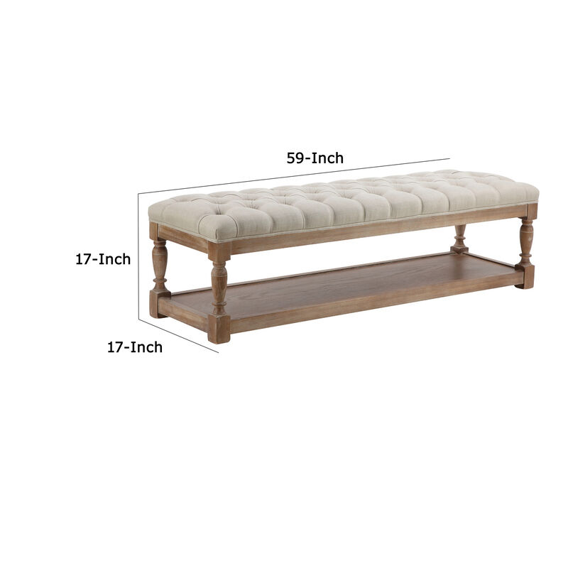 Xena Bench, 59 Inch Tufted Padded White Linen Top, Solid Wood Base