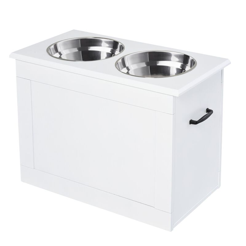 Raised Pet Feeding Storage Station with 2 Stainless Steel Bowls Base for Large Dogs and Other Large Pets  White