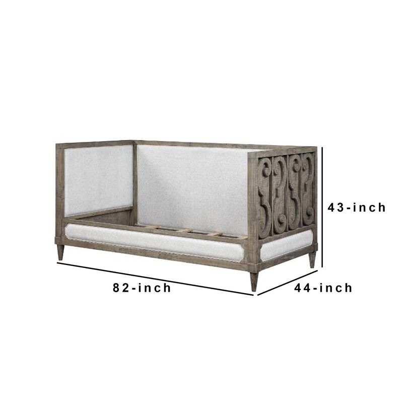 Daybed with Fabric Upholstery and Carvings, Weathered Brown image number 5